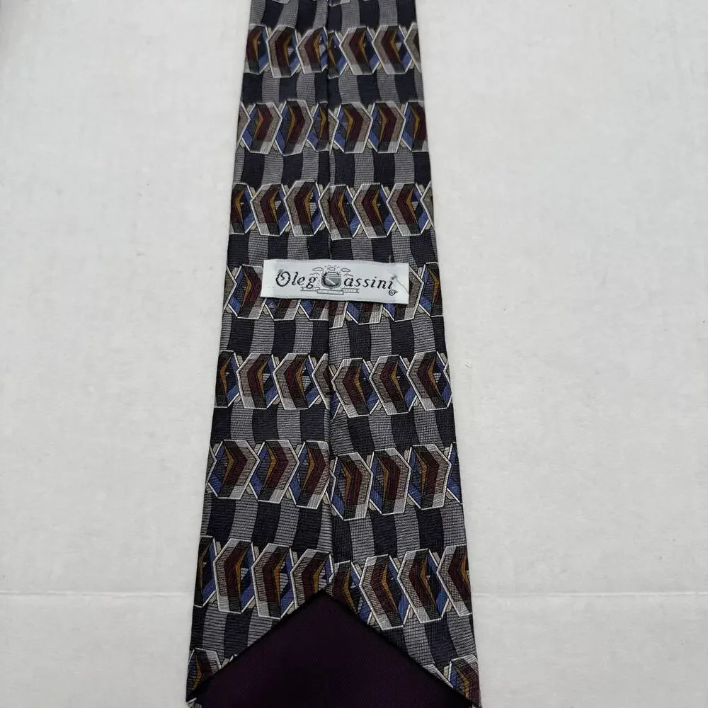 Oleg Cassini Silk Tie Gray Geometric Cube Print Black Blue Red Abstract